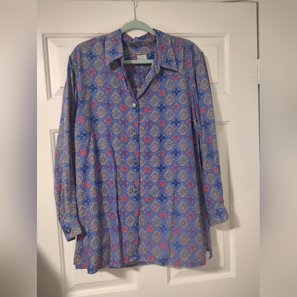 Vintage Sigrid Olsen Women’s Purple Pattern Button Blouse Pleated Skirt Size L